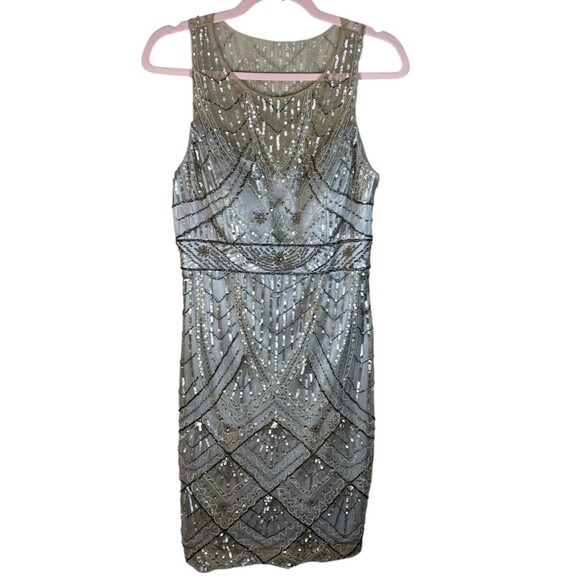 SUE WONG 10 Champagne Silver Beaded Sequin Bridal Formal Cocktail Evening Dress - Picture 4 of 16